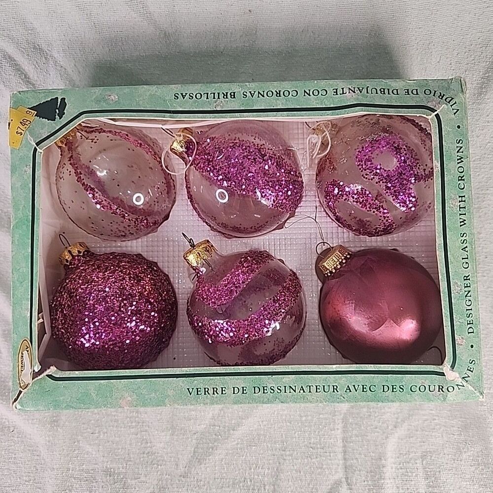 Christmas Ornaments By Krebs 6 Pink Jewel/Glitter Glass Designer With Crown